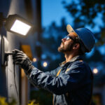 A photograph of a lighting contractor installing a dusk-to-dawn flood light fixture in a residential or commercial setting