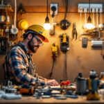 A photograph of a skilled lighting contractor inspecting a well-organized workspace