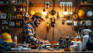 A photograph of a skilled lighting contractor inspecting a well-organized workspace