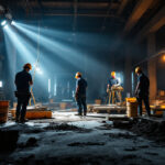 A photograph of a construction site illuminated by various types of lighting