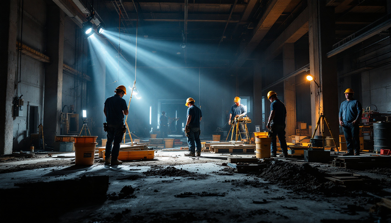 A photograph of a construction site illuminated by various types of lighting