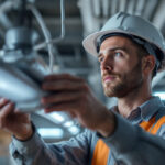A photograph of a lighting contractor installing or examining a t8 4 bulb ballast in a commercial setting