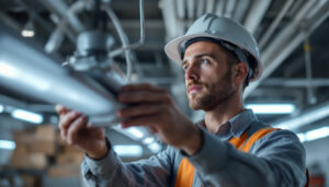 A photograph of a lighting contractor installing or examining a t8 4 bulb ballast in a commercial setting