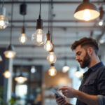 A photograph of a modern office space featuring stylish light fixtures
