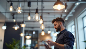A photograph of a modern office space featuring stylish light fixtures