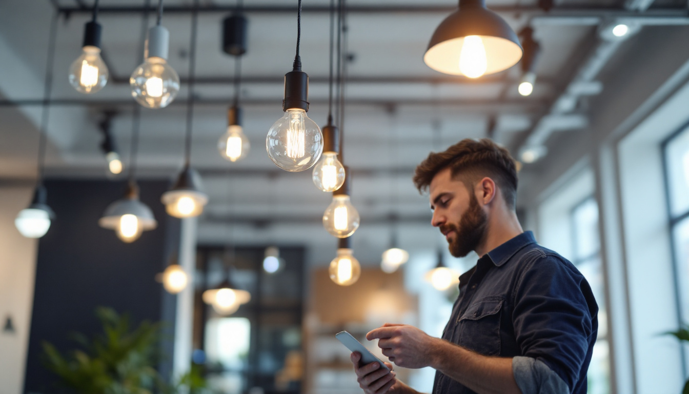 A photograph of a modern office space featuring stylish light fixtures