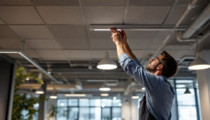 A photograph of a modern office space featuring sleek led ceiling lights in action