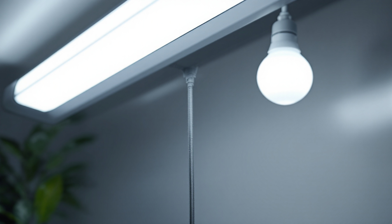 A photograph of a side-by-side comparison of a fluorescent light fixture and an led replacement