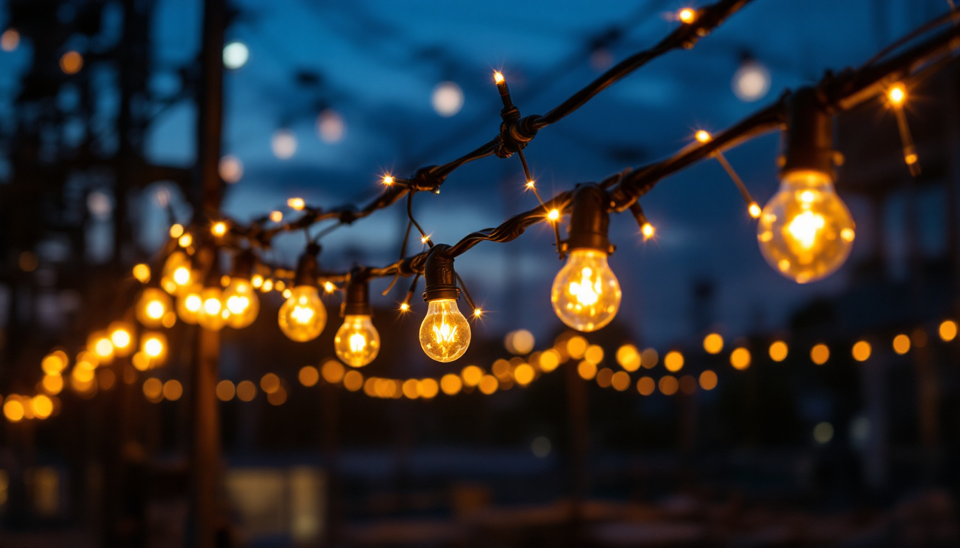 A photograph of a beautifully arranged construction light string illuminating a worksite at dusk