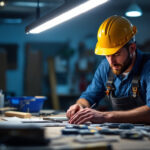 A photograph of a brightly lit workspace featuring a fluorescent shop light in action