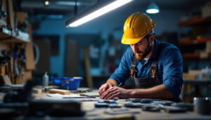 A photograph of a brightly lit workspace featuring a fluorescent shop light in action