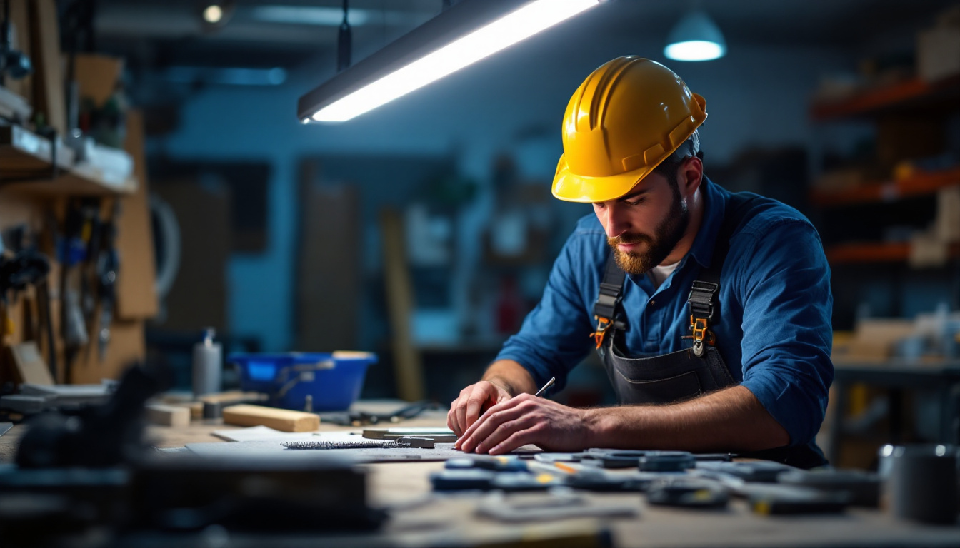A photograph of a brightly lit workspace featuring a fluorescent shop light in action