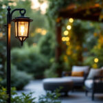 A photograph of a stylish patio lamp post elegantly illuminating a cozy outdoor seating area