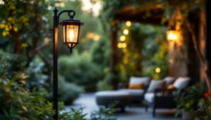 A photograph of a stylish patio lamp post elegantly illuminating a cozy outdoor seating area