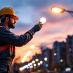 A photograph of a lighting contractor installing energy-efficient street bulbs in an urban setting