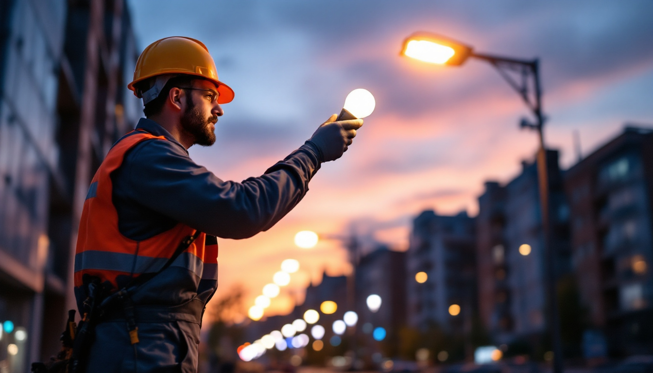 A photograph of a lighting contractor installing energy-efficient street bulbs in an urban setting