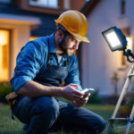 A photograph of a lighting contractor installing a solar flood light with a remote control in an outdoor setting
