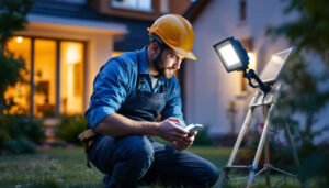A photograph of a lighting contractor installing a solar flood light with a remote control in an outdoor setting