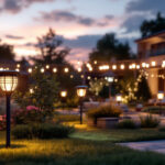A photograph of a beautifully illuminated outdoor space showcasing various solar lights in use