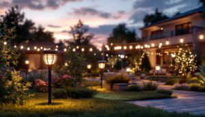 A photograph of a beautifully illuminated outdoor space showcasing various solar lights in use