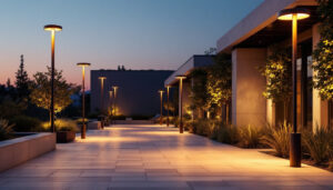 A photograph of a well-lit outdoor space featuring various styles of light post installations