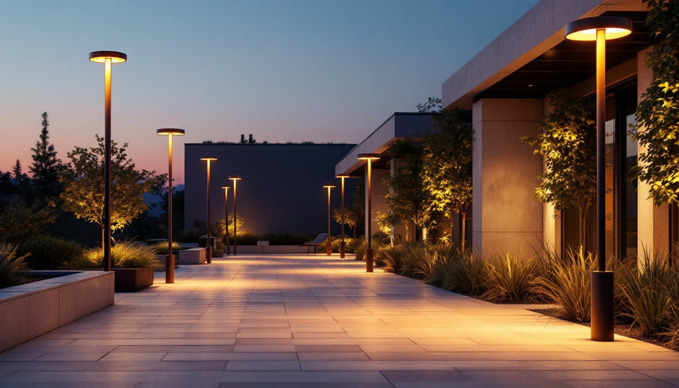 A photograph of a well-lit outdoor space featuring various styles of light post installations
