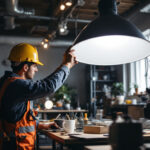 A photograph of a lighting contractor expertly installing or adjusting a parabolic light fixture in a dynamic workspace