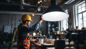 A photograph of a lighting contractor expertly installing or adjusting a parabolic light fixture in a dynamic workspace