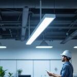 A photograph of a well-lit commercial space featuring an 8ft fluorescent light fixture