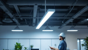 A photograph of a well-lit commercial space featuring an 8ft fluorescent light fixture