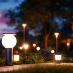 A photograph of a beautifully illuminated outdoor space featuring various solar-powered exterior lights