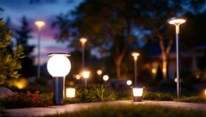 A photograph of a beautifully illuminated outdoor space featuring various solar-powered exterior lights