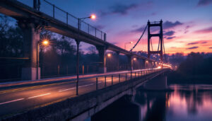 A photograph of a well-lit bridge at dusk