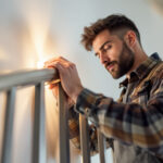 A photograph of a skilled lighting contractor installing or adjusting a stylish light baluster in a modern home setting