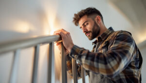 A photograph of a skilled lighting contractor installing or adjusting a stylish light baluster in a modern home setting