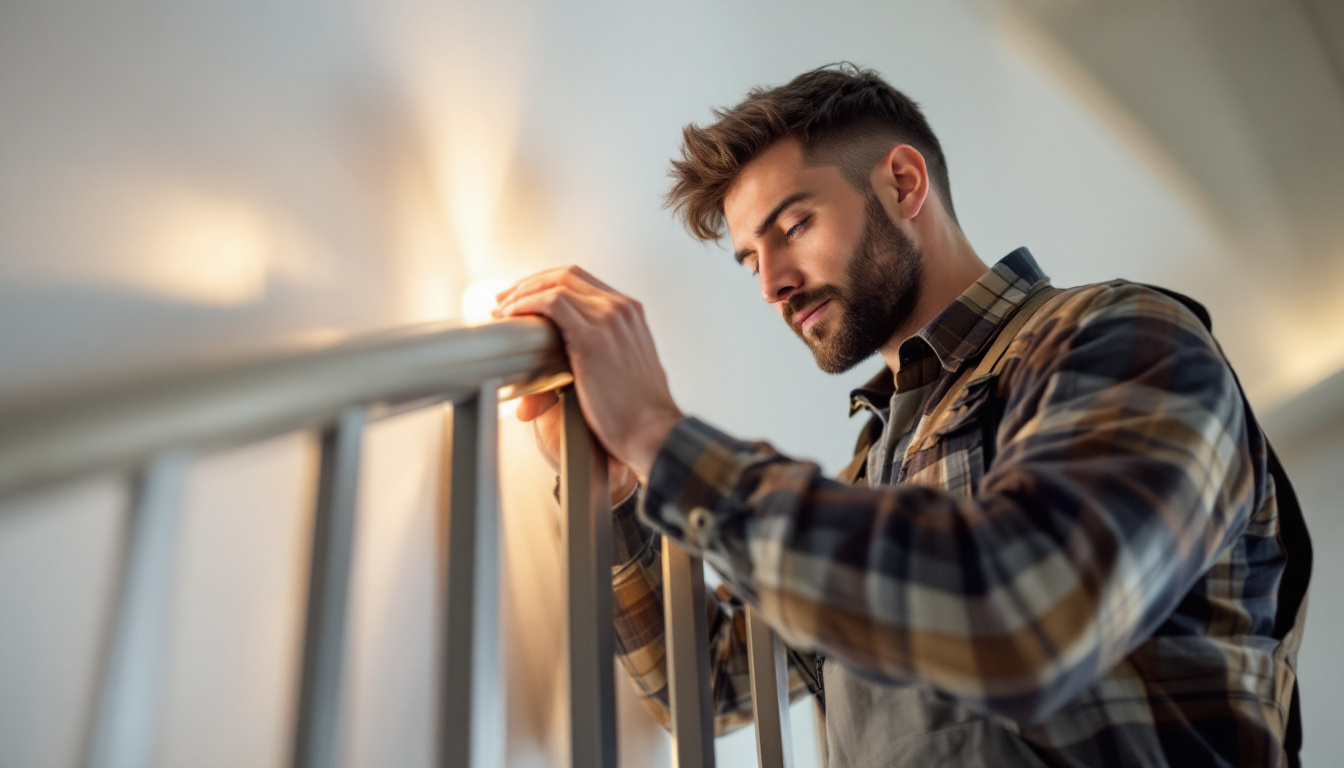 A photograph of a skilled lighting contractor installing or adjusting a stylish light baluster in a modern home setting