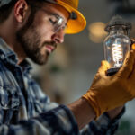 A photograph of a lighting contractor expertly installing or inspecting a cfl ballast in a commercial or residential setting
