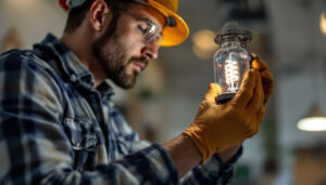 A photograph of a lighting contractor expertly installing or inspecting a cfl ballast in a commercial or residential setting
