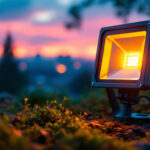 A photograph of a modern halogen flood light illuminating a vibrant outdoor scene