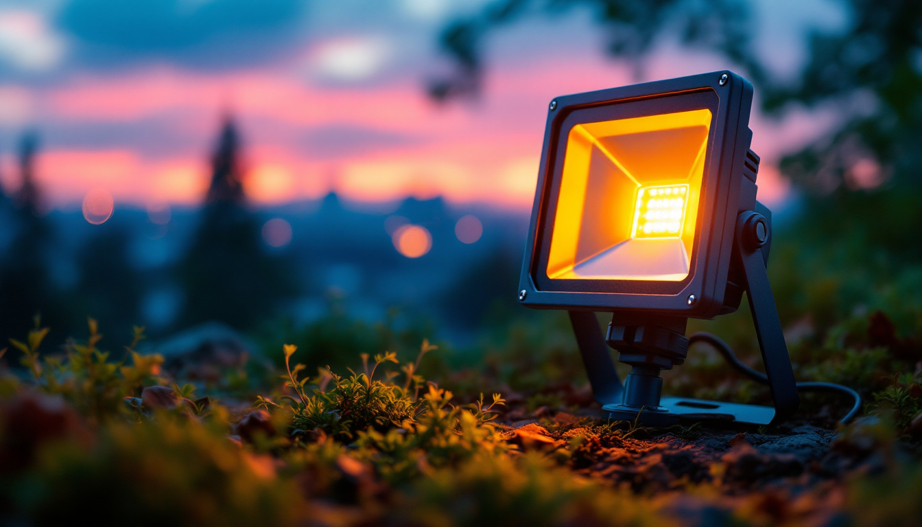 A photograph of a modern halogen flood light illuminating a vibrant outdoor scene
