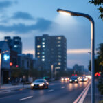 A photograph of a modern led street light pole illuminating a well-lit urban street at dusk