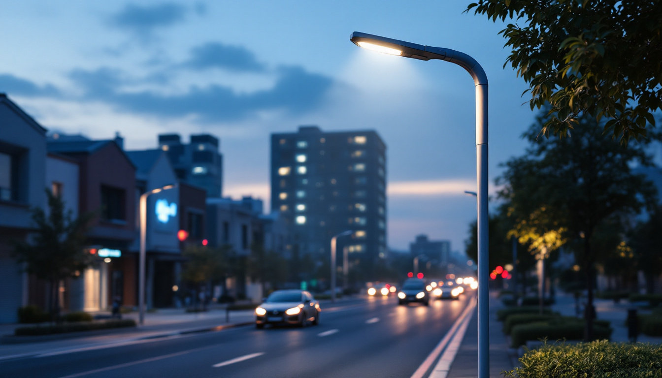 A photograph of a modern led street light pole illuminating a well-lit urban street at dusk