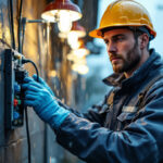 A photograph of a lighting contractor expertly installing waterproof electrical connectors in an outdoor setting