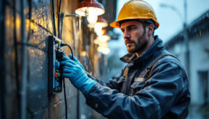 A photograph of a lighting contractor expertly installing waterproof electrical connectors in an outdoor setting