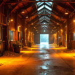 A photograph of a well-lit barn interior showcasing various lighting installations