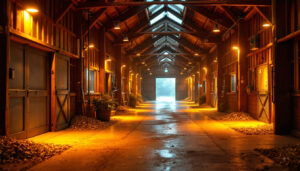 A photograph of a well-lit barn interior showcasing various lighting installations