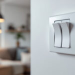 A photograph of a close-up of a three-way rocker switch in a well-lit residential setting