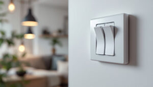 A photograph of a close-up of a three-way rocker switch in a well-lit residential setting