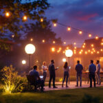 A photograph of a well-lit outdoor space showcasing large solar lighting installations