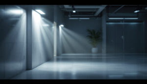 A photograph of a well-lit indoor or outdoor space showcasing led flat lights installed in various settings
